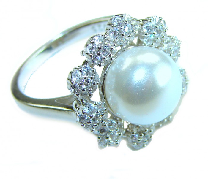 White Flower freshwater Pearl .925 Sterling Silver brilliantly handcrafted ring s. 8