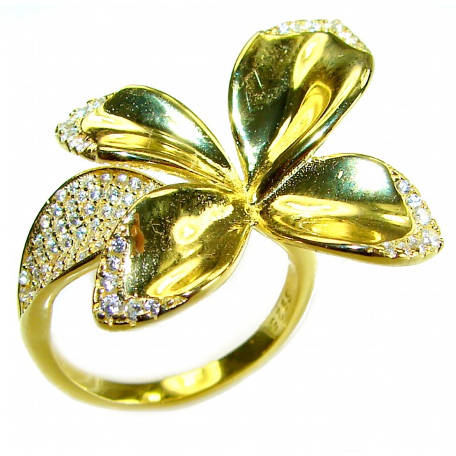 Lotus flower White Topaz highly polished 18K Gold over .925 Sterling Silver Italy made ring s. 7 adjustable