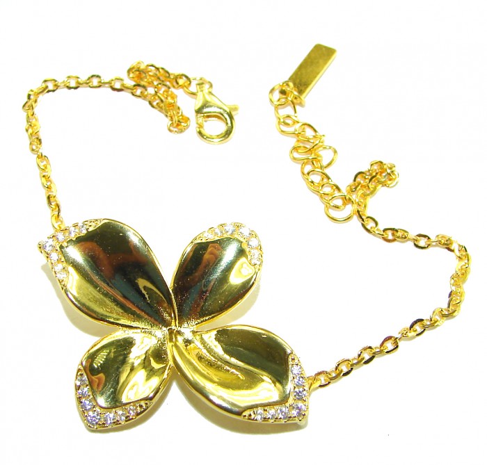 Lotus flower White Topaz highly polished 18K Gold over .925 Sterling Silver Italy made bracelet