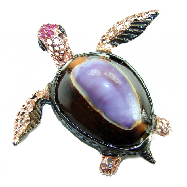 Good health and Long life Big Turtle Genuine Ocean Shell Ruby 14K Gold over .925 Sterling Silver handcrafted Pendant brooch