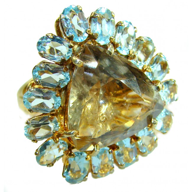 Celestial peace 29.5 carat Champagne Smoky Topaz 14K Gold over .925 Sterling Silver HUGE Ring size 7 1/4