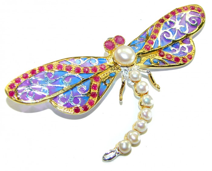 Big Dragonfly Pearl Enamel 18K Gold over .925 Sterling Silver handcrafted Pendant Brooch