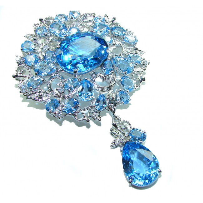 An exuberantly Large 64.9 grams Vintage style Swiss Blue Topaz .925 Sterling Silver handmade LARGE Pendant - Brooch