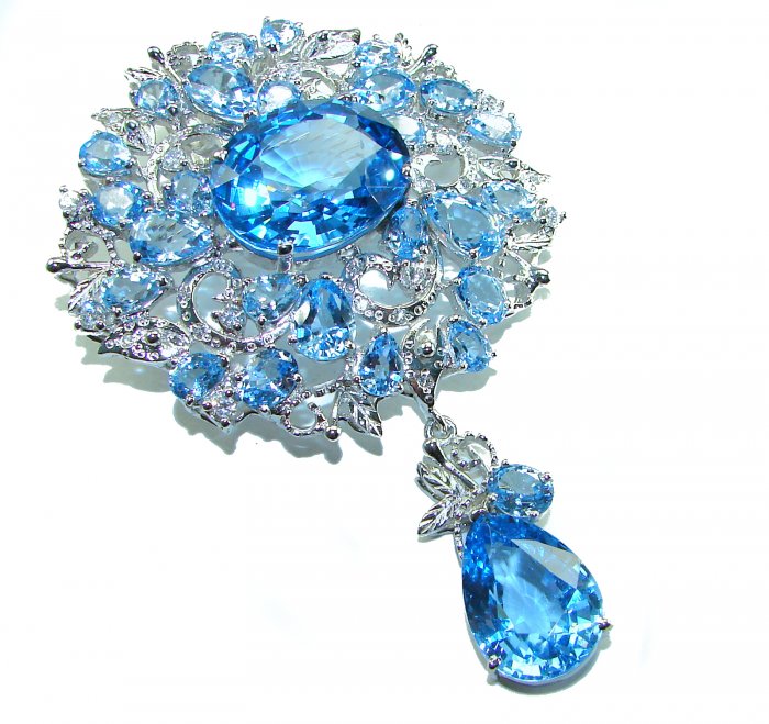An exuberantly Large 64.9 grams Vintage style Swiss Blue Topaz .925 Sterling Silver handmade LARGE Pendant - Brooch - video