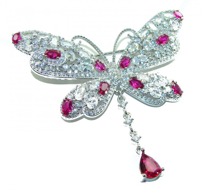 Vintage Design - Red Butterfly - Genuine 10.2 carat Ruby 14k White Gold over .925 Sterling Silver handmade Pendant Brooch - video