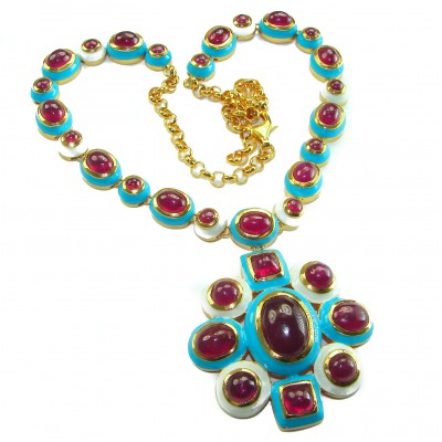 Outstanding - Red Rose - Authentic Kashmir 155.8 carat Ruby Enamel 18K Gold over .925 Sterling Silver handcrafted Station necklace