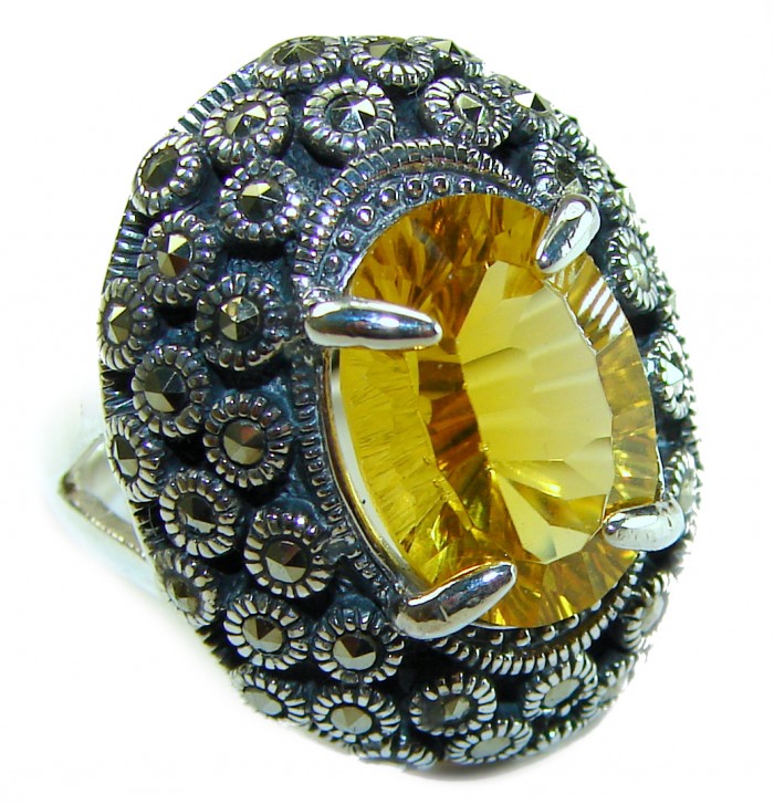 Golden Royalty 14.5 carat Citrine Marcasite .925 Sterling Silver Handcrafted Huge Ring size 8