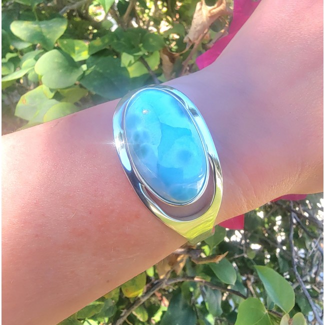 Real Beauty 45.2 carat Blue Larimar .925 Sterling Silver handcrafted huge Bracelet / Cuff