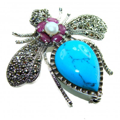 Blue Bee genuine INLAY Turquoise Marcasite .925 Sterling Silver handmade Pendant - Brooch
