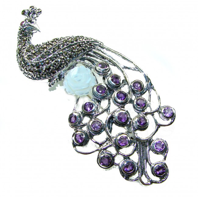 Huge Natural Amethyst Peacock .925 Sterling Silver Large Brooch