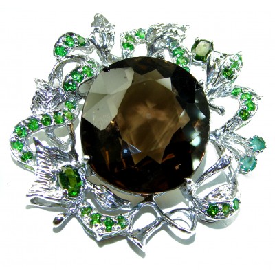 Authentic 55.5 carat carved Smoky Topaz Emerald .925 Sterling Silver handmade Statement Pendant