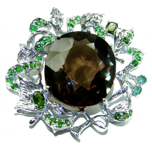 Authentic 55.5 carat carved Smoky Topaz Emerald .925 Sterling Silver handmade Statement Pendant