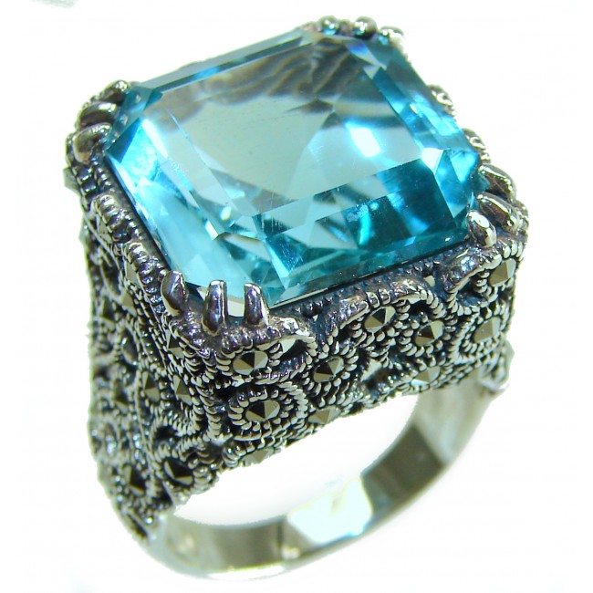 Massive Deep Blue 35.8 carat Aquamarine .925 Sterling Silver handcrafted Large ring size 8