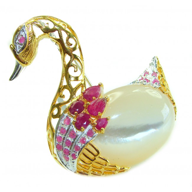 Perfect Swan Blister Pearl Ruby 18K Gold over .925 Sterling Silver handmade Pendant Brooch
