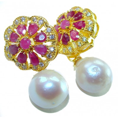 Born to Glam authentic 15.2 carat Ruby Pearl 18K Gold over .925 Sterling Silver handcrafted earrings