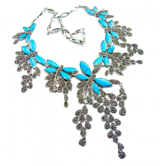 HUGE 77.9 grams Seven Butterflies design genuine Turquoise .925 Sterling Silver handcrafted Necklace