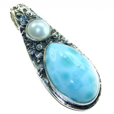 Natural Larimar Pearl oxidized .925 Sterling Silver handcrafted pendant