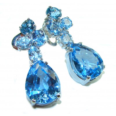 Blue Odyssey 29.5 carat authentic Swiss Blue Topaz .925 Sterling Silver handmade Statement earrings