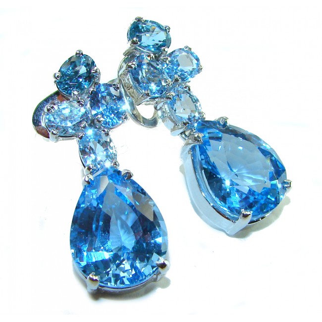 Blue Odyssey 29.5 carat authentic Swiss Blue Topaz .925 Sterling Silver handmade Statement earrings