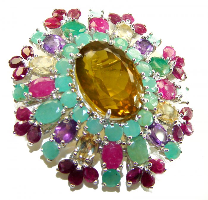 Luxury genuine 48.5 CARAT Champagne Topaz .925 Sterling Silver handmade Pendant Brooch - video