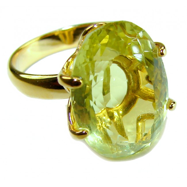 Solid 14.8 carat Genuine Lemon Quartz 14K Gold over .925 Sterling Silver handcrafted ring size 7