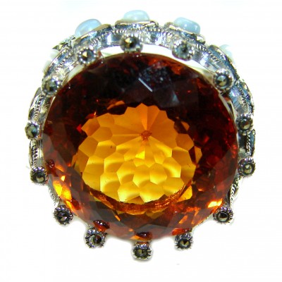Celestial energY Natural 28.4 carat GOLDEN Topaz Marcasite .925 Sterling Silver handmade Large Statement Ring size 8 3/4
