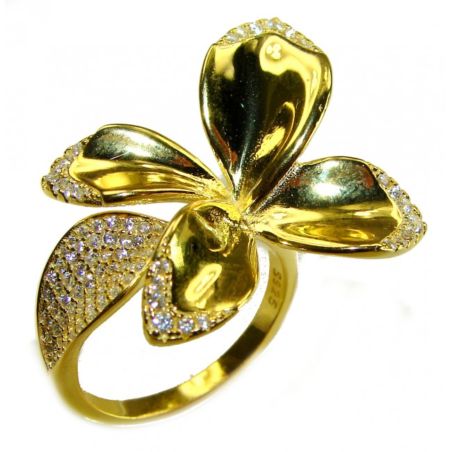 Lotus flower White Topaz highly polished 18K Gold over .925 Sterling Silver Italy made ring s. 7 adjustable