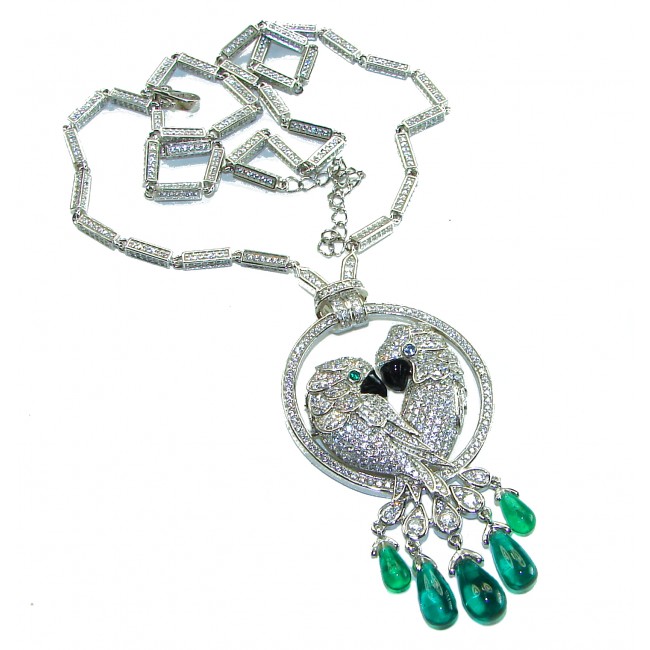 Born to Glam - Two Parrots - authentic 10.9 carat Colombian Emerald .925 Sterling Silver handcrafted Statement necklace