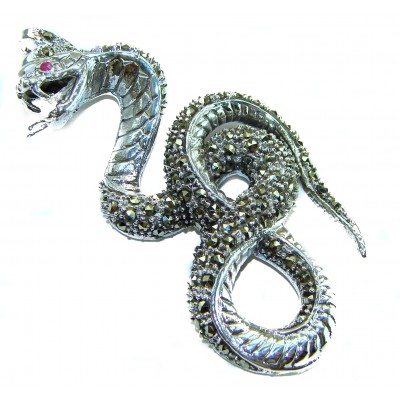 Large 2 5/8 inches long Cobra Snake genuine Marcasite .925 Sterling Silver handmade Pendant