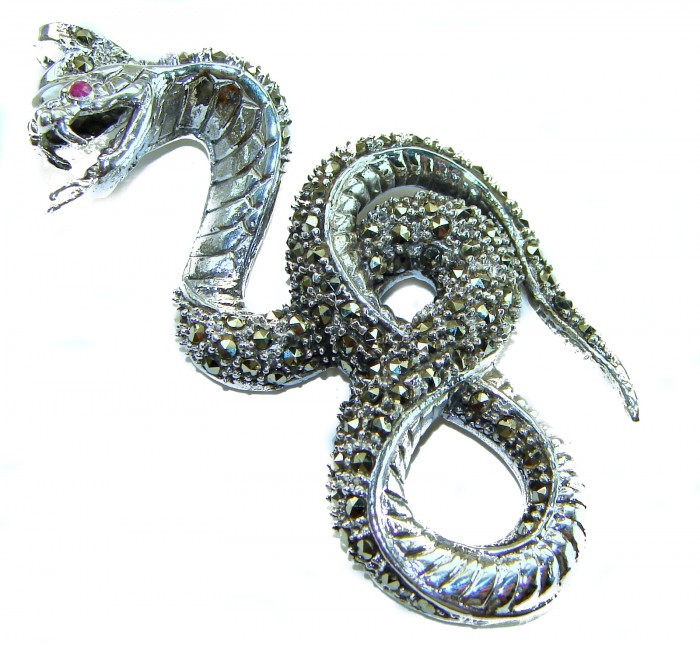 Large 2 5/8 inches long Cobra Snake genuine Marcasite .925 Sterling Silver handmade Pendant