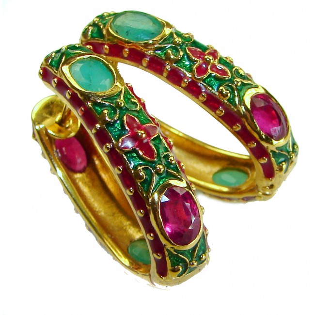 Giovanna - Genuine 12.5 CARAT Ruby Emerald enamel 18K Gold over .925 Sterling Silver Statement earrings