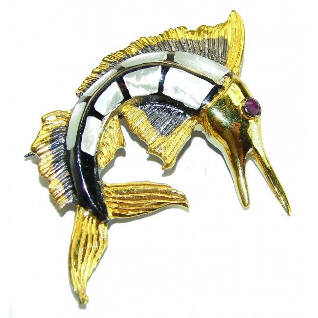 Precious Fish Natural Rainbow Abalone Ruby 14K Gold over .925 Sterling Silver handmade Pendant Brooch