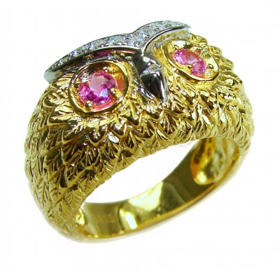 Owl Garnet Eyes .925 Sterling Silver dipped in real Gold handmade Ring size 7 1/4