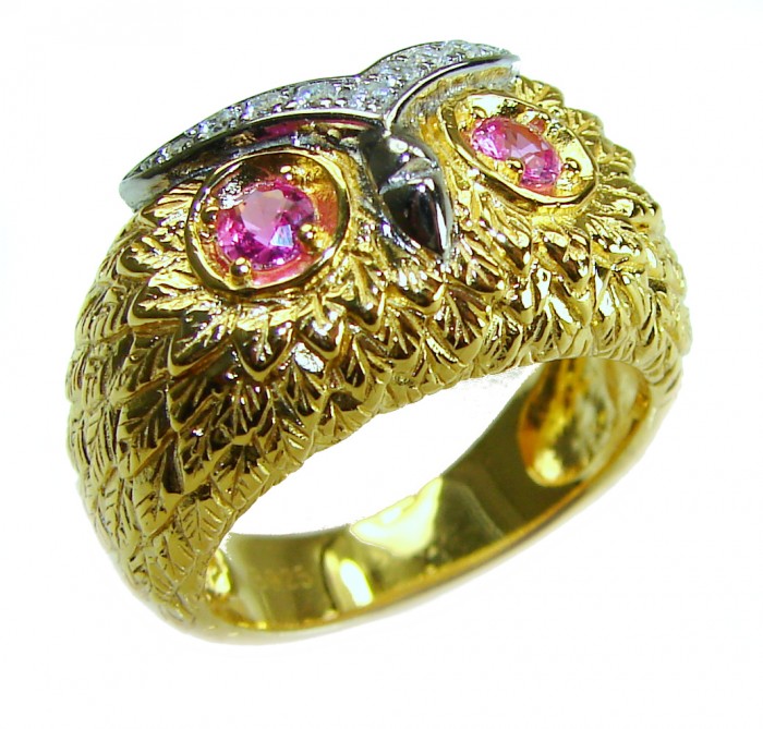 Owl Garnet Eyes .925 Sterling Silver dipped in real Gold handmade Ring size 7 1/4