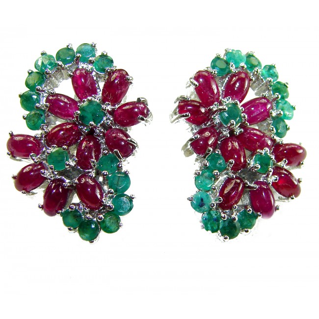 Magnificent Flower 24.5 carat Ruby Emerald .925 Sterling Silver handcrafted incredible Statement earrings