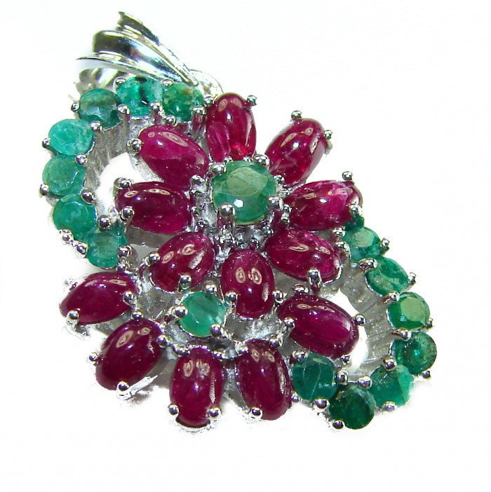 Magnificent Flower 17.5 carat Ruby Emerald .925 Sterling Silver handcrafted incredible Statement Pendant