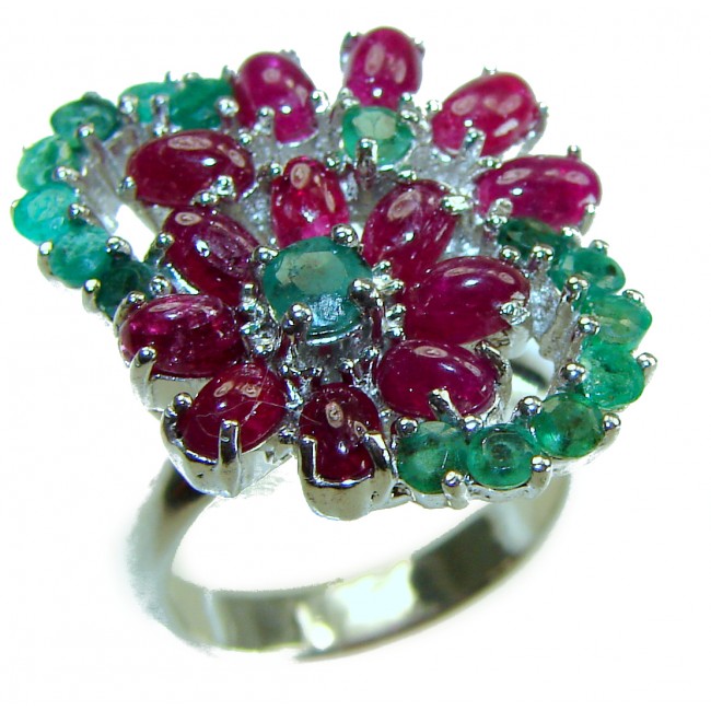 Magnificent Flower 18.5 carat Ruby Emerald .925 Sterling Silver handcrafted incredible Statement HUGE Ring s. 7