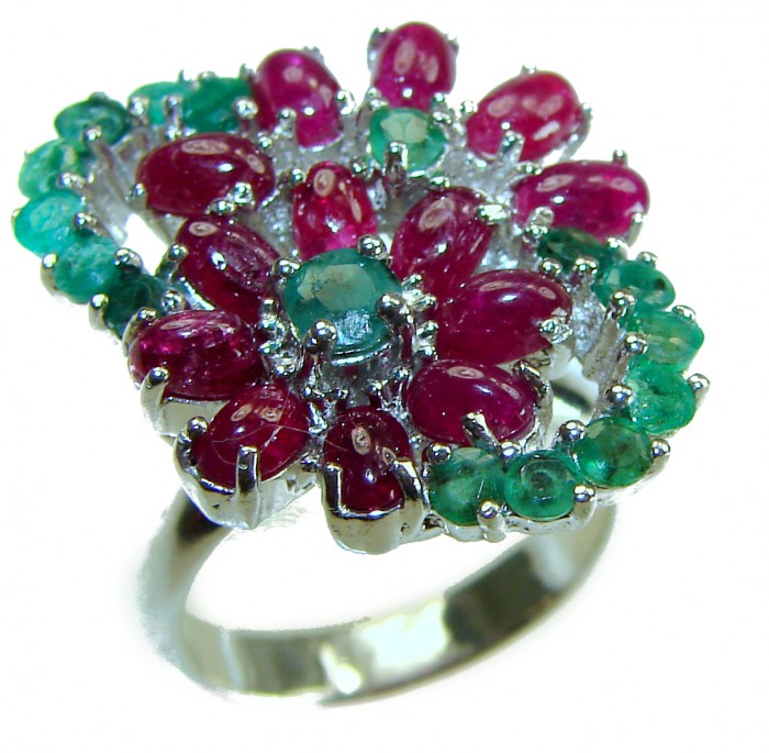 Magnificent Flower 18.5 carat Ruby Emerald .925 Sterling Silver handcrafted incredible Statement HUGE Ring s. 7