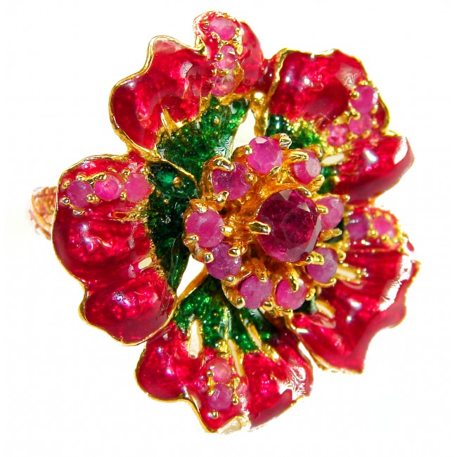 Magnificent Flower 6.8 carat Natural Ruby Enemel 18K Gold over . 925 Sterling Silver handcrafted Statement Ring size 6