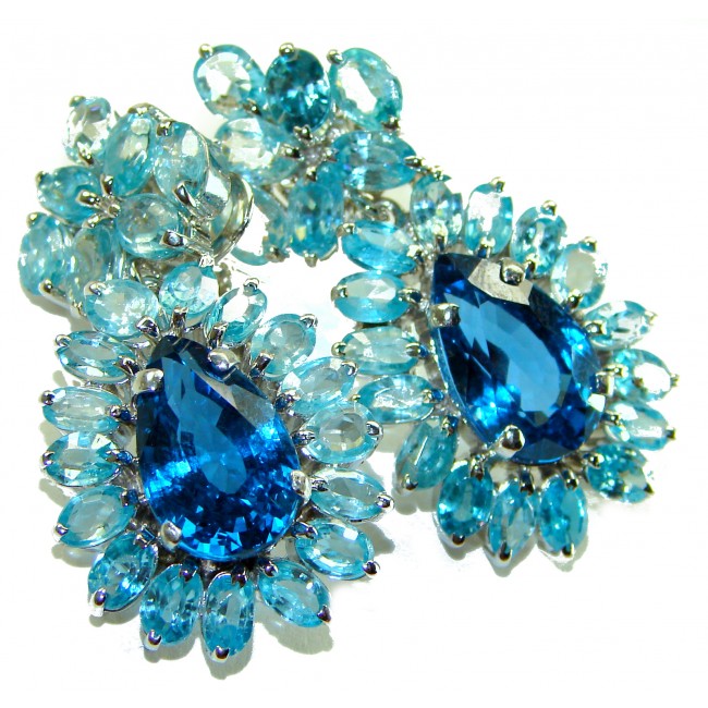 Caribbean Treasure 65.5 carat London Blue Topaz .925 Sterling Silver handmade Large Statement earrings