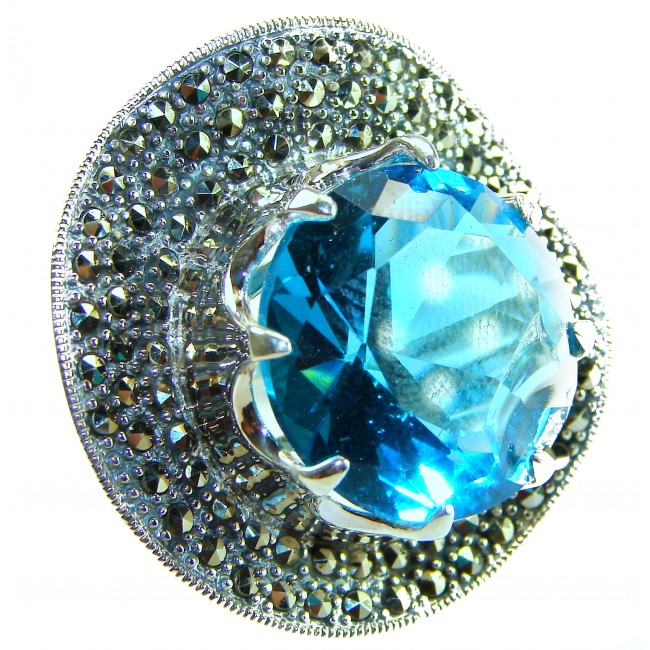 Deep Divine Ocean 44.5 carat Swiss Blue Topaz Marcasite .925 Sterling Silver Handcrafted Ring size 8