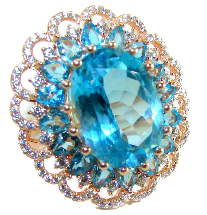 Endless Ocean Natural 14.4 carat Swiss Blue Topaz .925 Sterling Silver dipped in 18K Gold handmade Large Statement Ring size 7 1/4