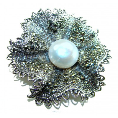 Genuine white Pearl Marcasite .925 Sterling Silver handcrafted Brooch