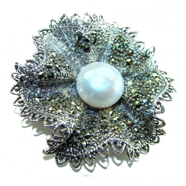 Genuine white Pearl Marcasite .925 Sterling Silver handcrafted Brooch