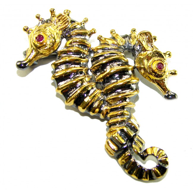 Two Seahorses Excellent 0.5 carat Ruby 14K Gold over .925 Sterling Silver handcrafted Pendant Brooch