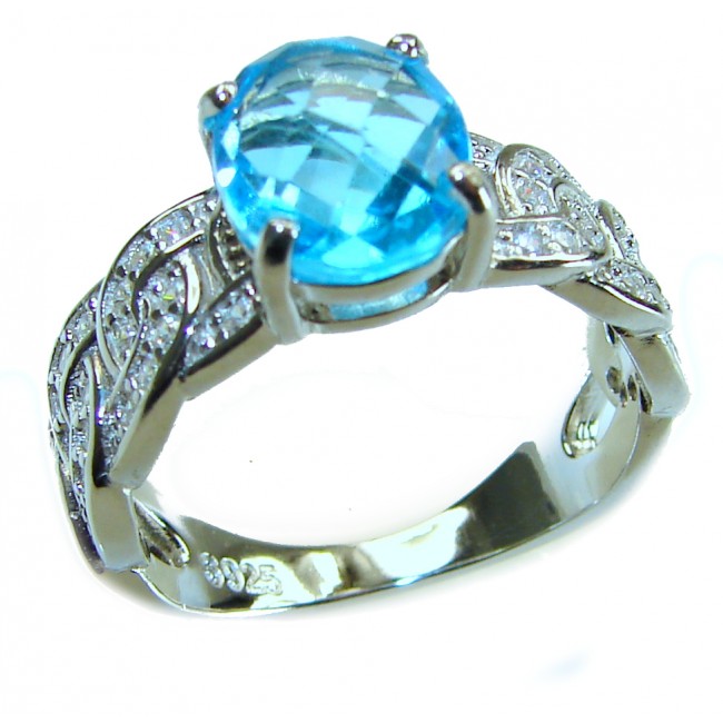Blue Odyssey 4.5 carat authentic Swiss Blue Topaz .925 Sterling Silver handmade Statement Ring size 8