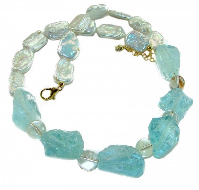 Sky and Ocean authentic rough Aquamarine Mother of Pearl 10k Gold over .925 Sterling Silver handcrafted STATEMENT Necklace