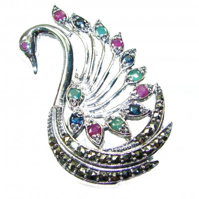 Perfect Swan Ruby 18K Gold over .925 Sterling Silver handmade Pendant Brooch