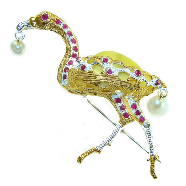 Precious Heron Natural Sea Shell 2 tones .925 Sterling Silver Brooch