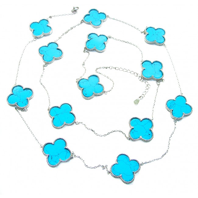 38 inches Outstanding authentic inlay Turquoise Lucky Four Leaf Clover .925 Sterling Silver necklace